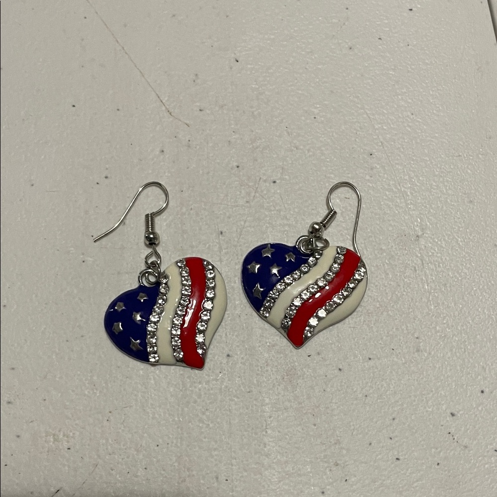 Patriotic Heart Drop Earrings – Red White Blue Crystal Accent